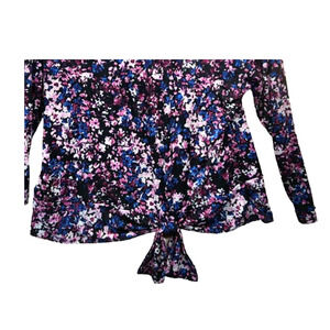 Drape Side Tie TOP Plus 3X Black Purple Floral Poly Stretch Blouse Pleated Neck